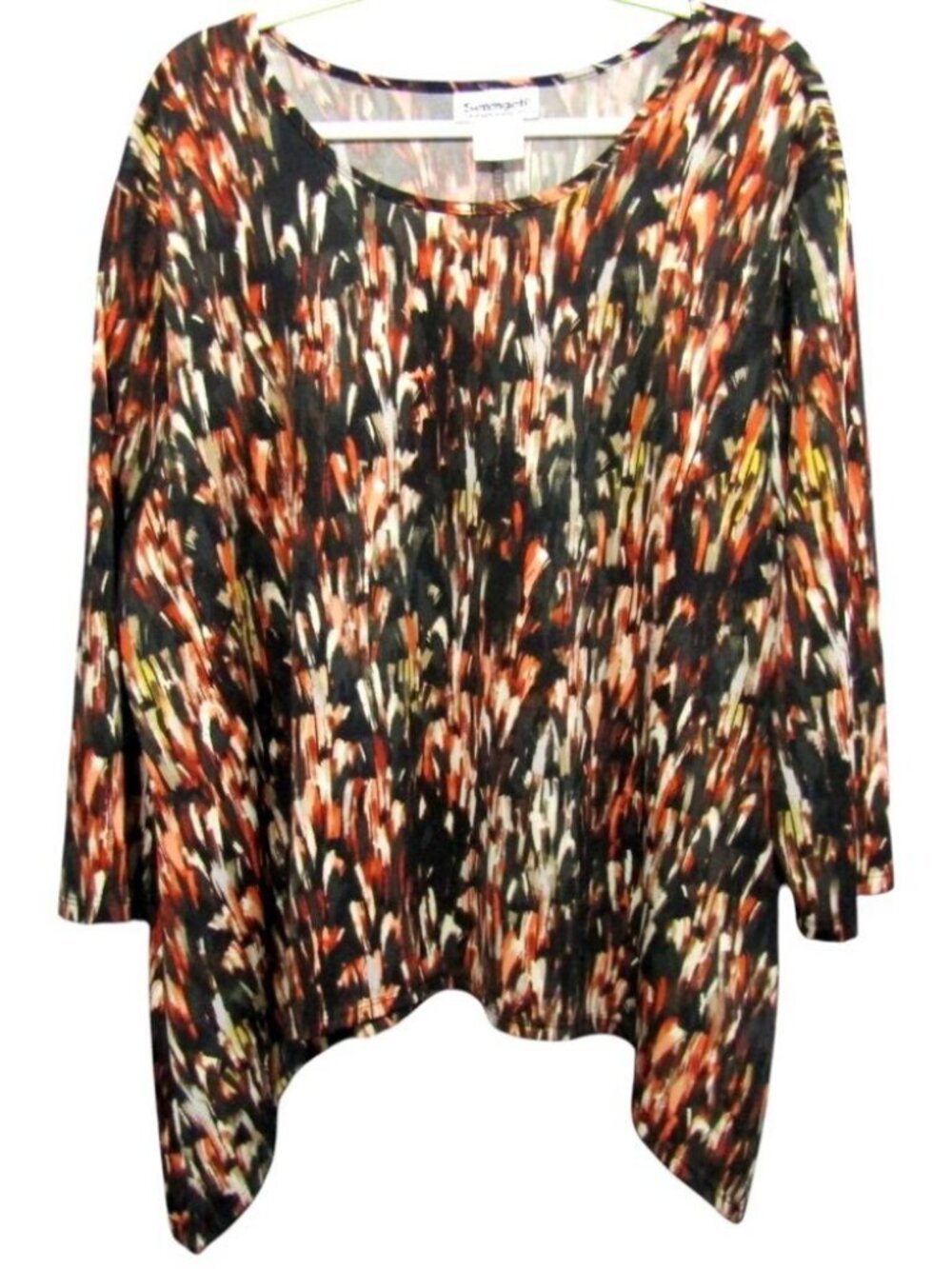 Serengeti Black Rust Abstract Print 3/4 Sleeve Top Womens Size 2X Sharkbite Hem